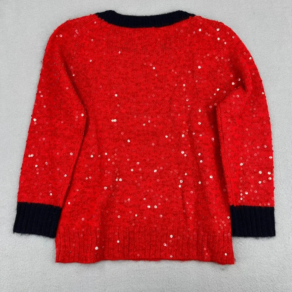 J. Crew Womens‎ Red Sequin Wool Mohair Blend Sweater Navy Trim Small